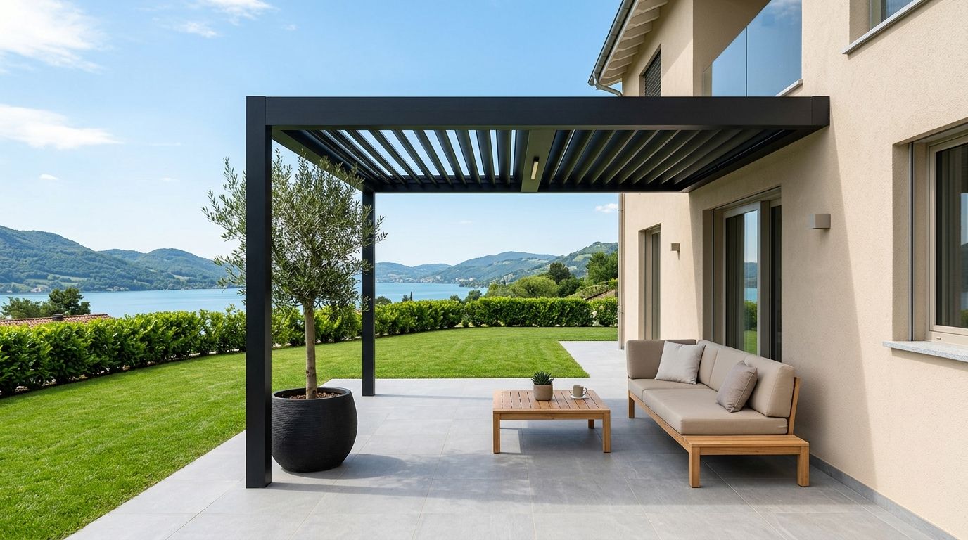 Pérgola bioclimática de aluminio antracita con lamas orientables adosada a una vivienda, sobre una terraza con sofá de exterior