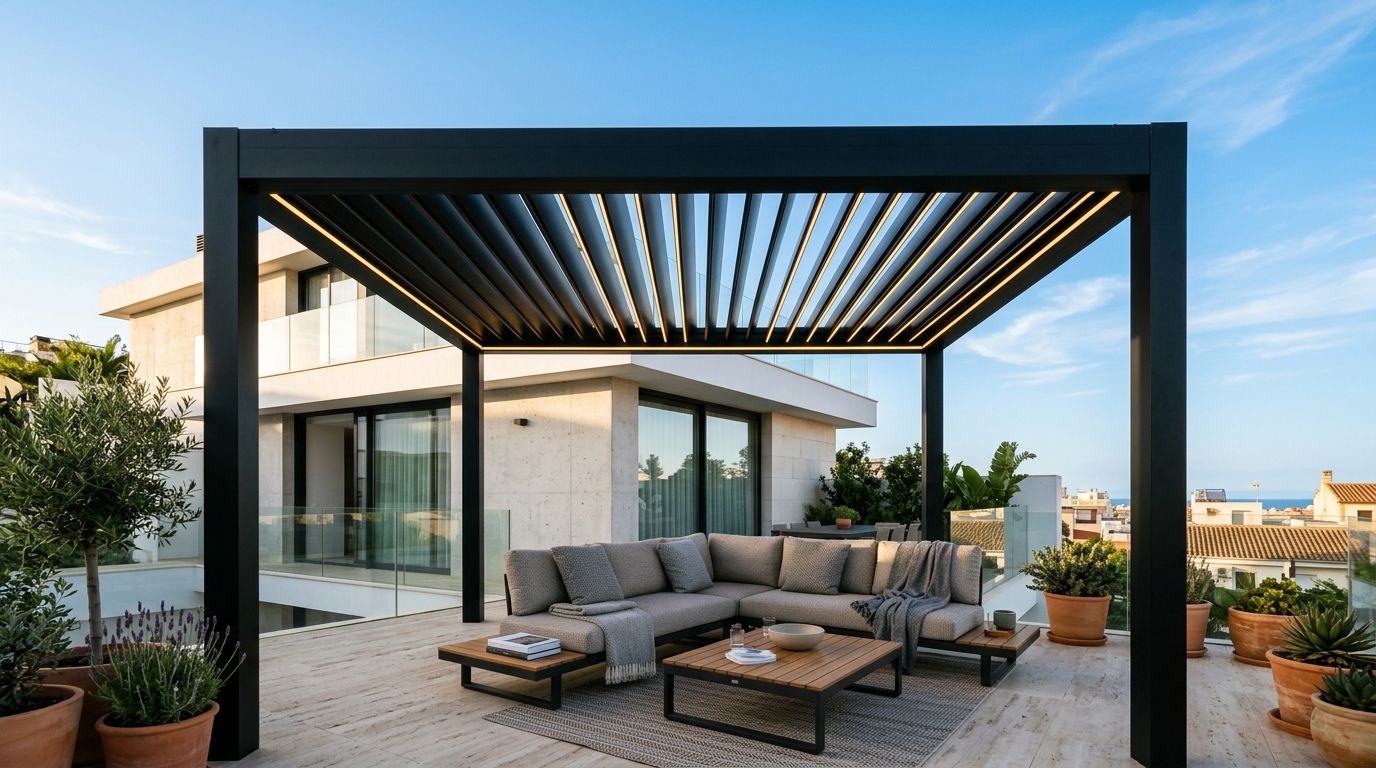 Pérgola bioclimática de aluminio antracita con lamas orientables e iluminación LED integrada, en una terraza con vistas al mar